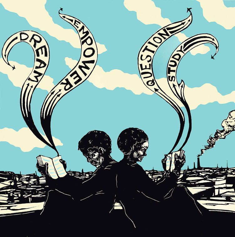 Illustration of two people reading. Banners from their books read "Dream," "Empower," "Question," and "Study."