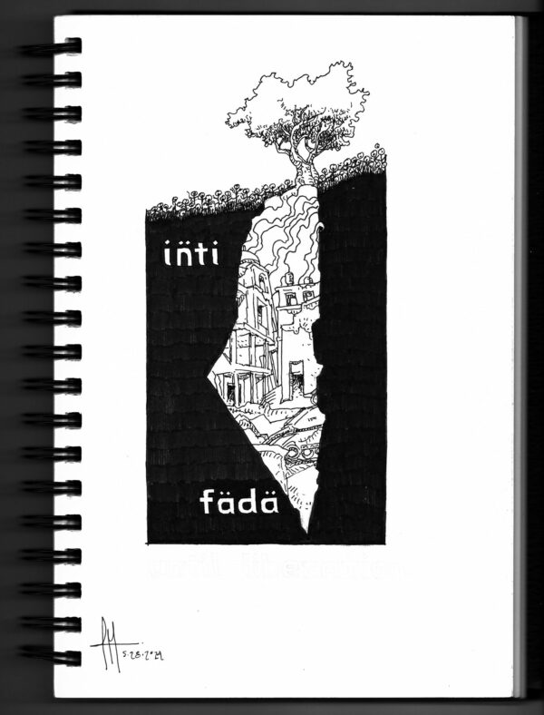 ink drawing from sketchbook of the outline of Palestine, and inside a tank destroyed by the resistance, destroyed buildings, and an olive tree rising above, with the word “Intifada” in white.