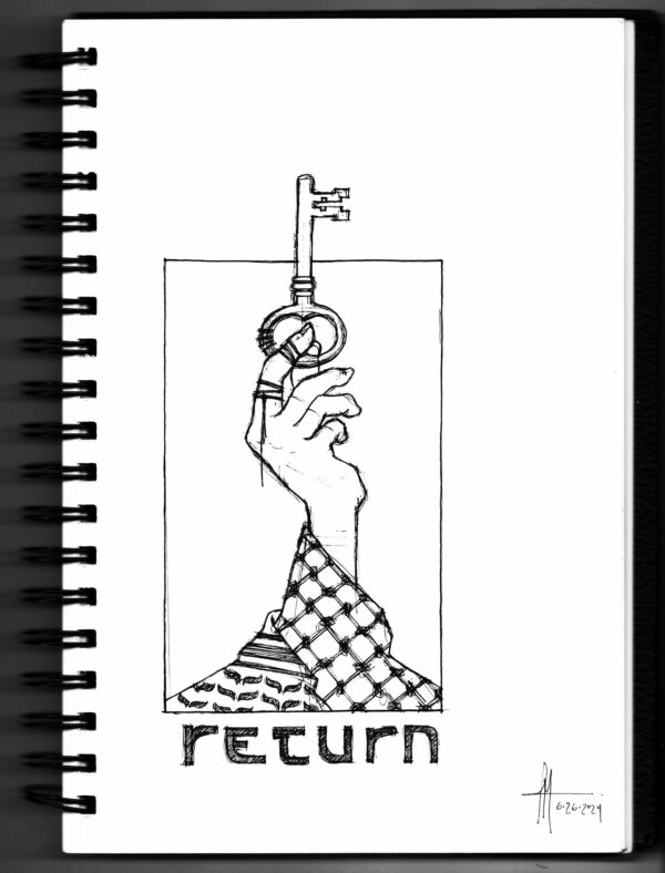 ink drawing from sketchbook of a hand holding a large key, with the wrist wrapped in a keffiyeh, and the word “return” along the bottom.