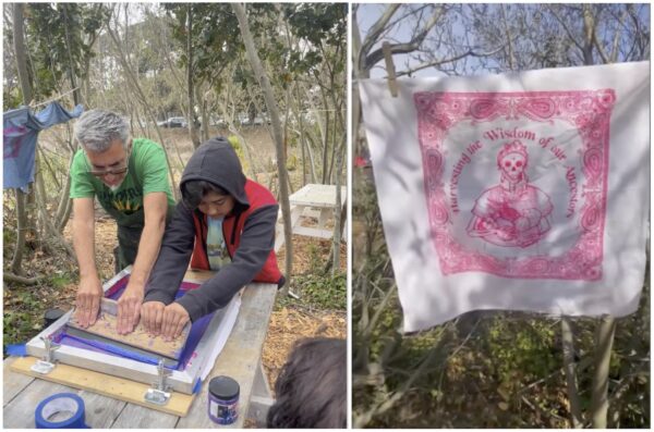 Photo on the left of the artist and a youth screenprinting outdoors at an urban farm, and photo on the right of printed bandana hanging to dry.