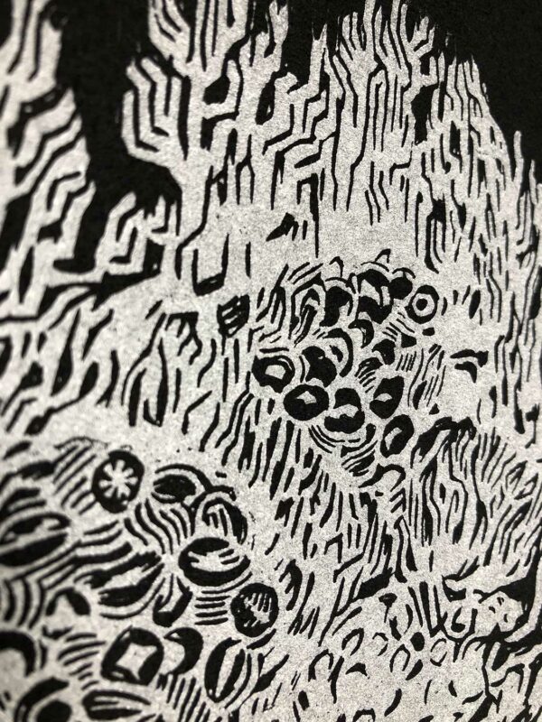 A detail of the coral image, in silver on black paper, showing different coral formations.