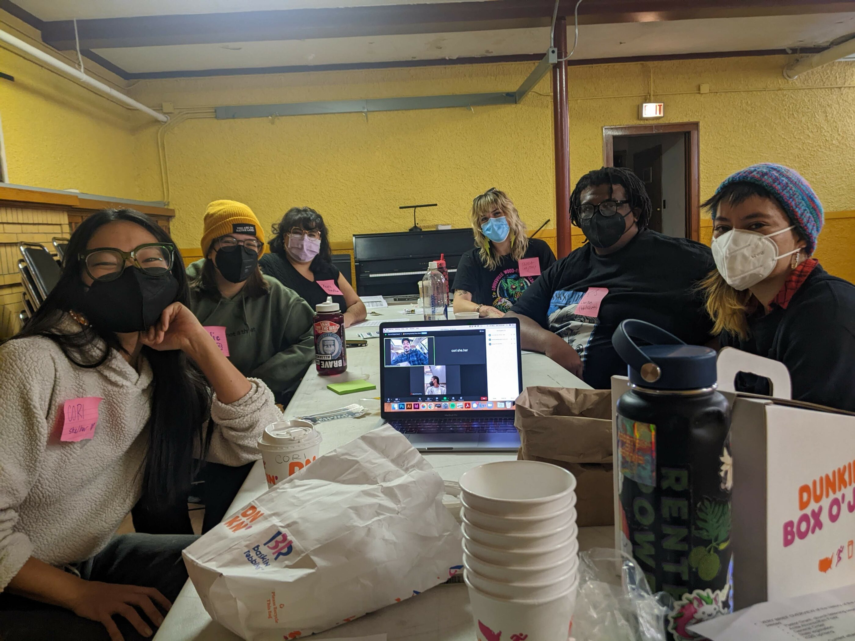 A group of artists with masks on sitting around a table