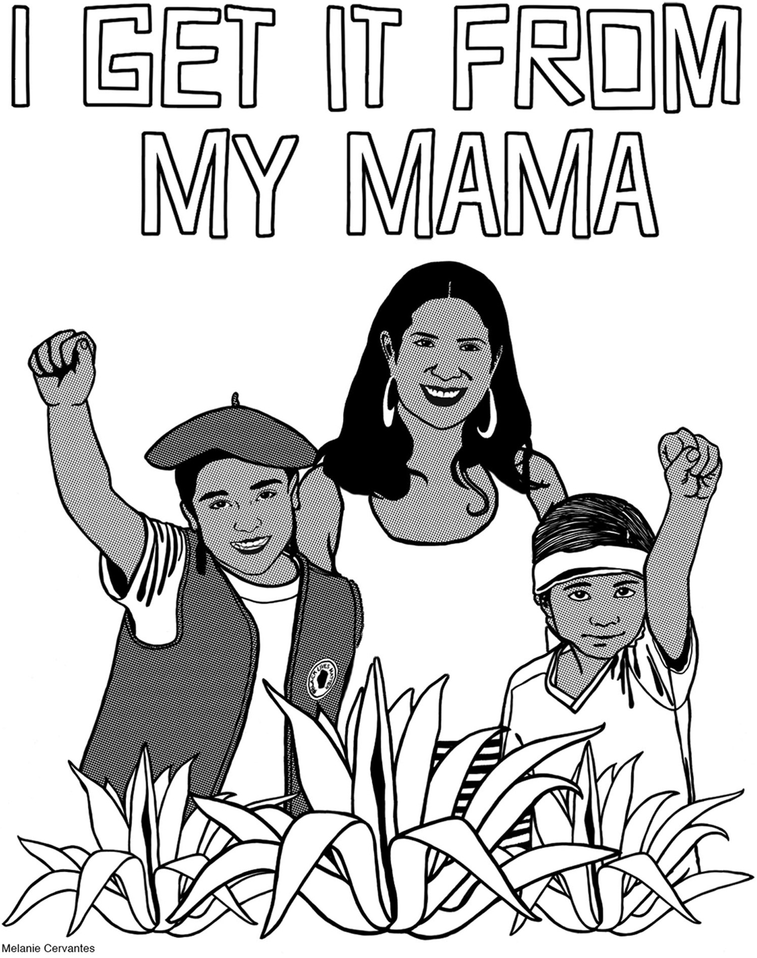 An image of two children with raised fists, in front of their mom and behind three agave plants